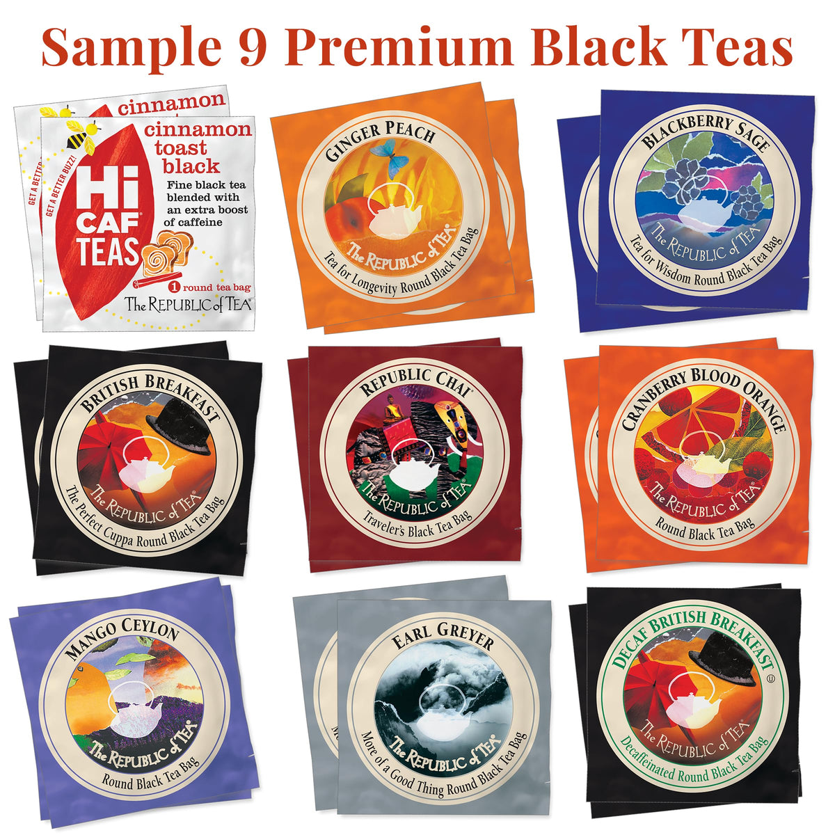 The Republic of Tea label icons show gluten-free and sugar-free options for mindful choices