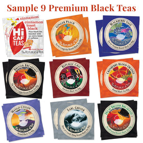 The Republic of Tea label icons show gluten-free and sugar-free options for mindful choices