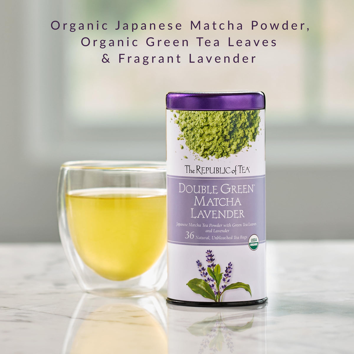 The Republic of Tea lavender and matcha aroma with fresh green tea leaves.
