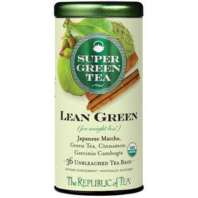 The Republic of Tea Lean Green Tea bags packaging, convenient organic blend for daily rituals.