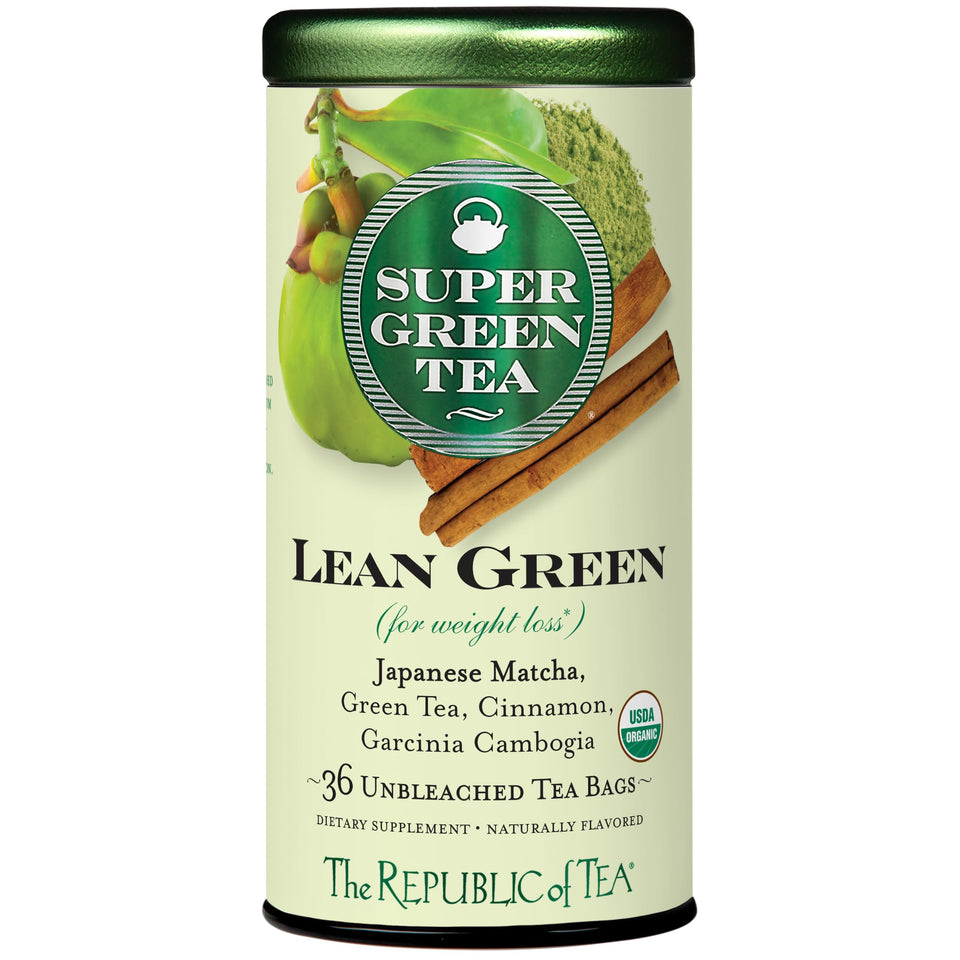 The Republic of Tea Lean Green Tea bags packaging, convenient organic blend for daily rituals.