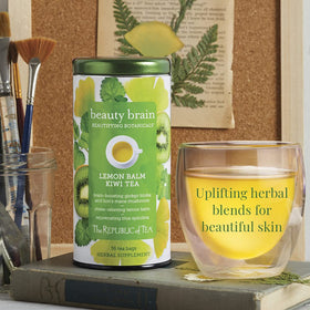 The Republic of Tea lemon balm leaves close-up highlights calming herbal aroma.
