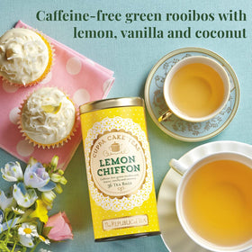 The Republic of Tea Lemon Chiffon Cuppa Cake packaging reflects a light indulgent tea experience.