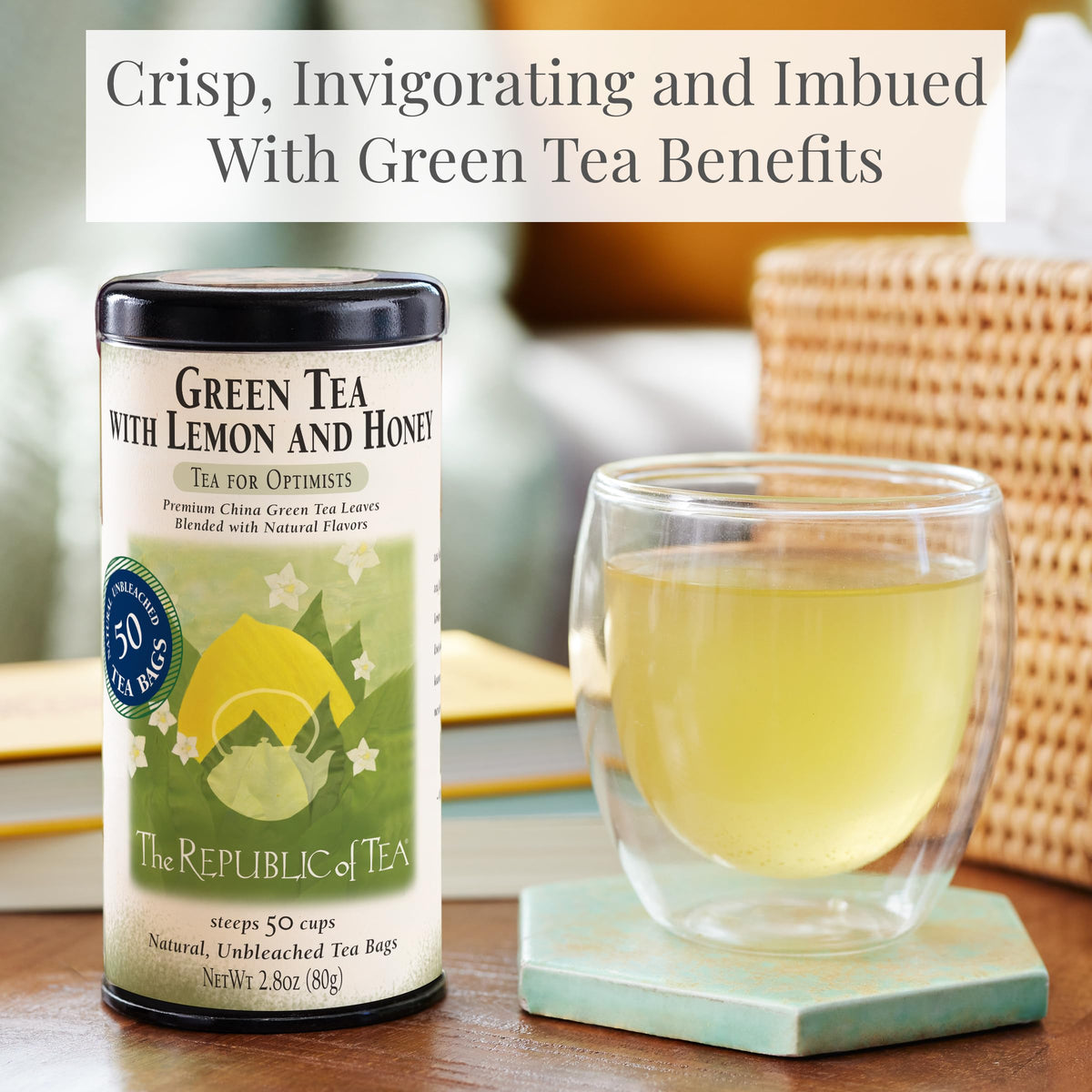 The Republic of Tea lemon slices in cup with green tea, bright citrus aroma.