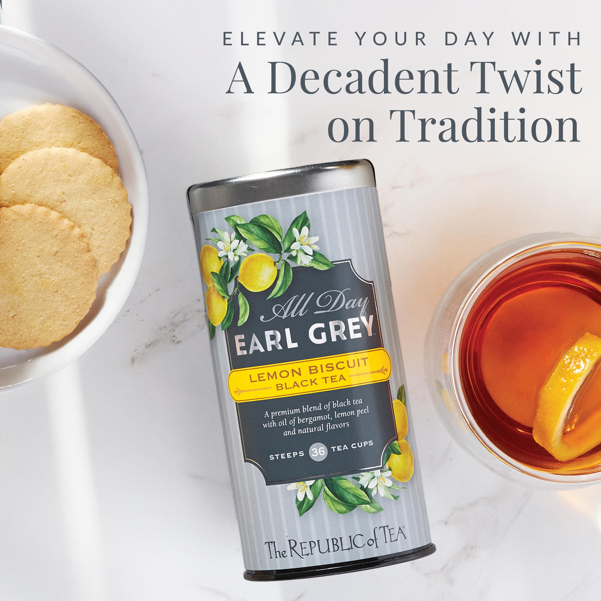 The Republic of Tea lemon zest and vanilla notes brighten the cup.