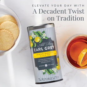 The Republic of Tea lemon zest and vanilla notes brighten the cup.