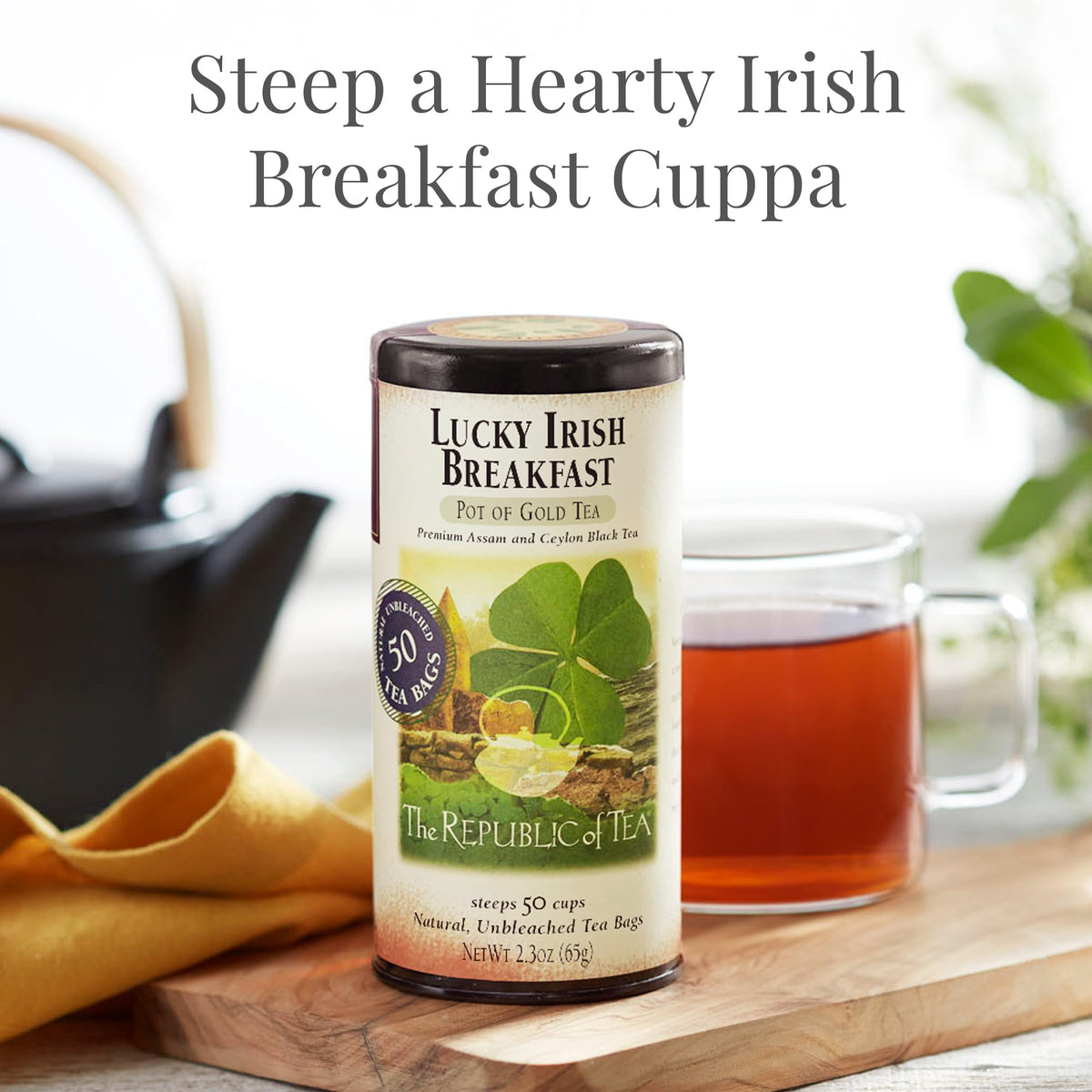Lucky Irish Breakfast tea bags steeping in a cup with a rich amber brew