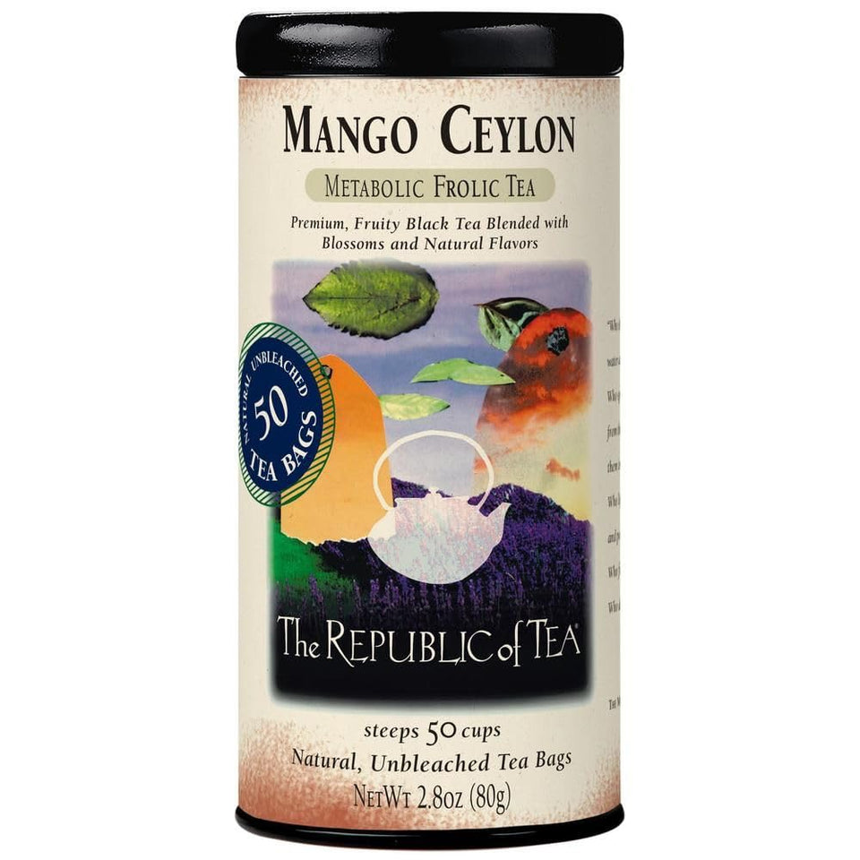 The Republic of Tea Mango Ceylon Black Tea tin label highlights premium ingredients.