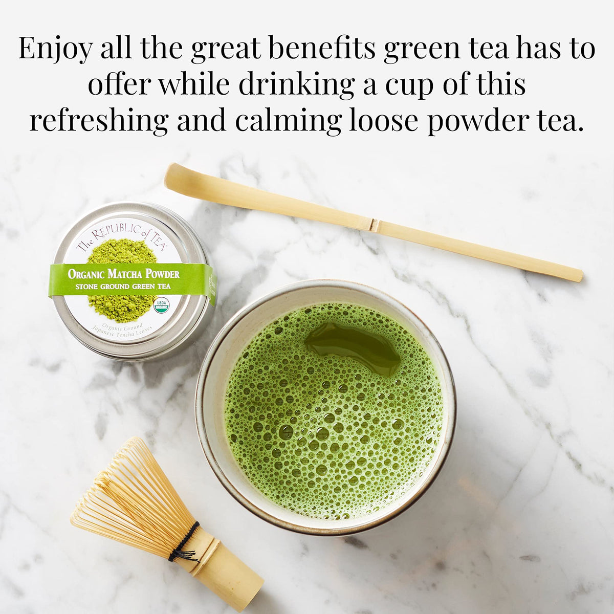 The Republic of Tea matcha bright green bloom invites a fresh aroma.