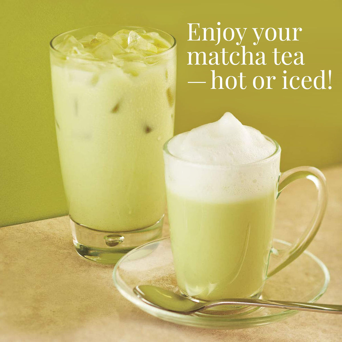 The Republic of Tea matcha cup steaming with smooth, vegetal notes.