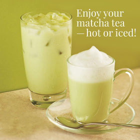 The Republic of Tea matcha cup steaming with smooth, vegetal notes.