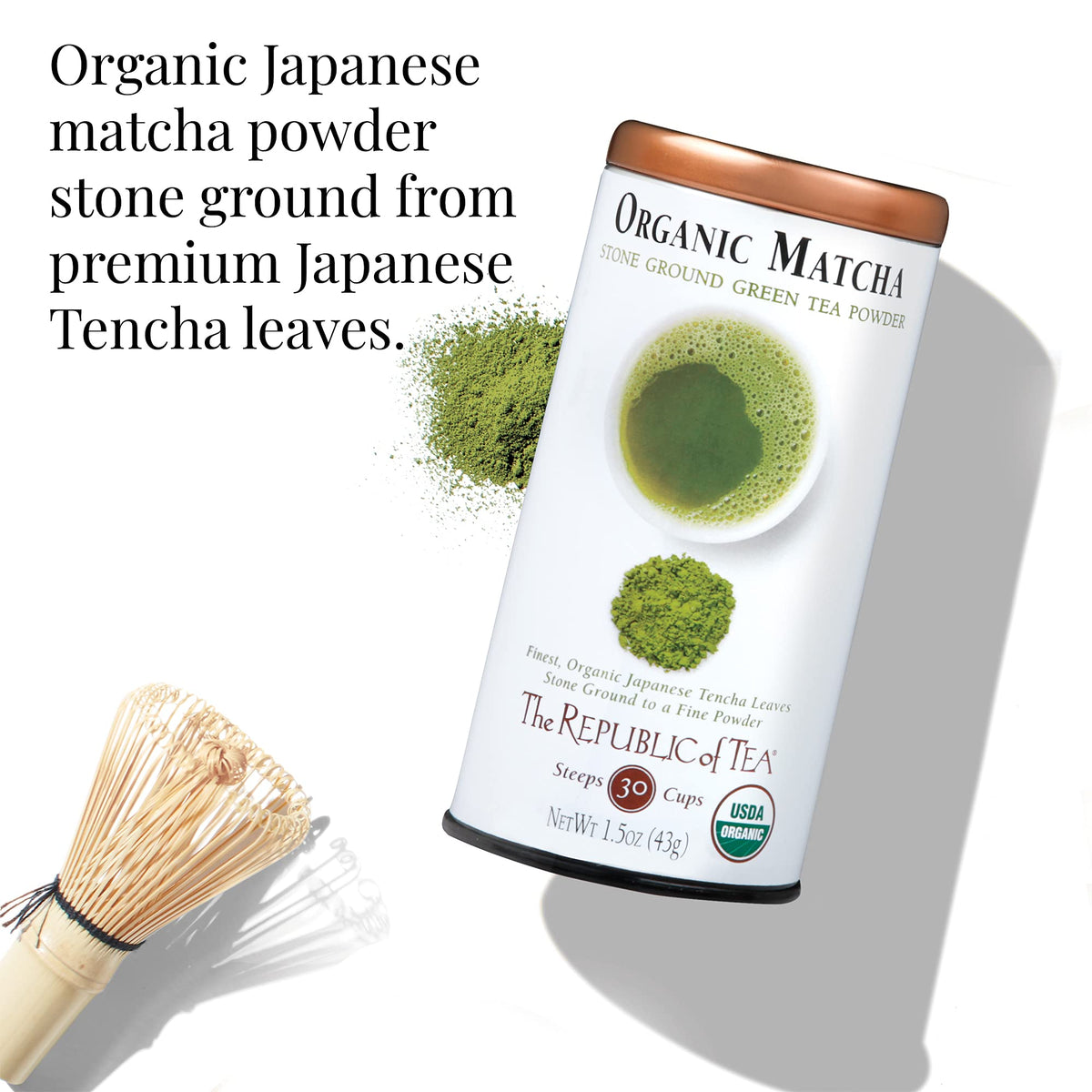 The Republic of Tea matcha powder close-up reveals a fine, vibrant green texture.