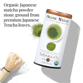 The Republic of Tea matcha powder close-up reveals a fine, vibrant green texture.