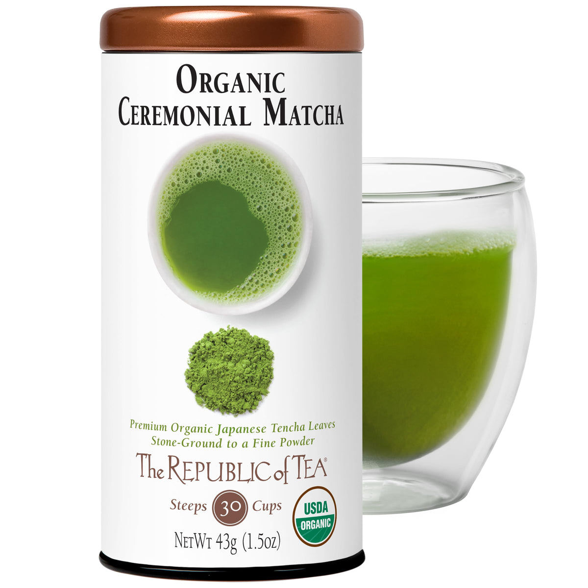 The Republic of Tea matcha tin close-up shows premium organic powder for whisking.