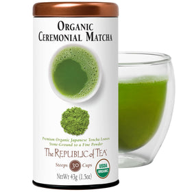 The Republic of Tea matcha tin close-up shows premium organic powder for whisking.