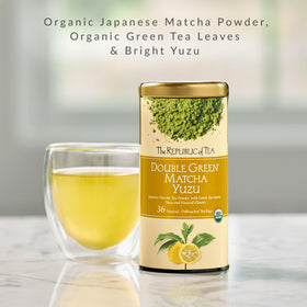 The Republic of Tea matcha yuzu tea bag closeup, convenient option for quick, flavorful cuppings.