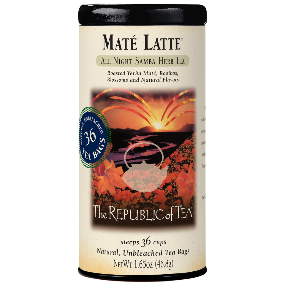 The Republic of Tea Maté Latte tea bag, ready to brew a rich latte at home