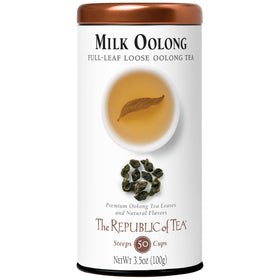 The Republic of Tea Milk Oolong full-leaf tea tin ready for premium brewing