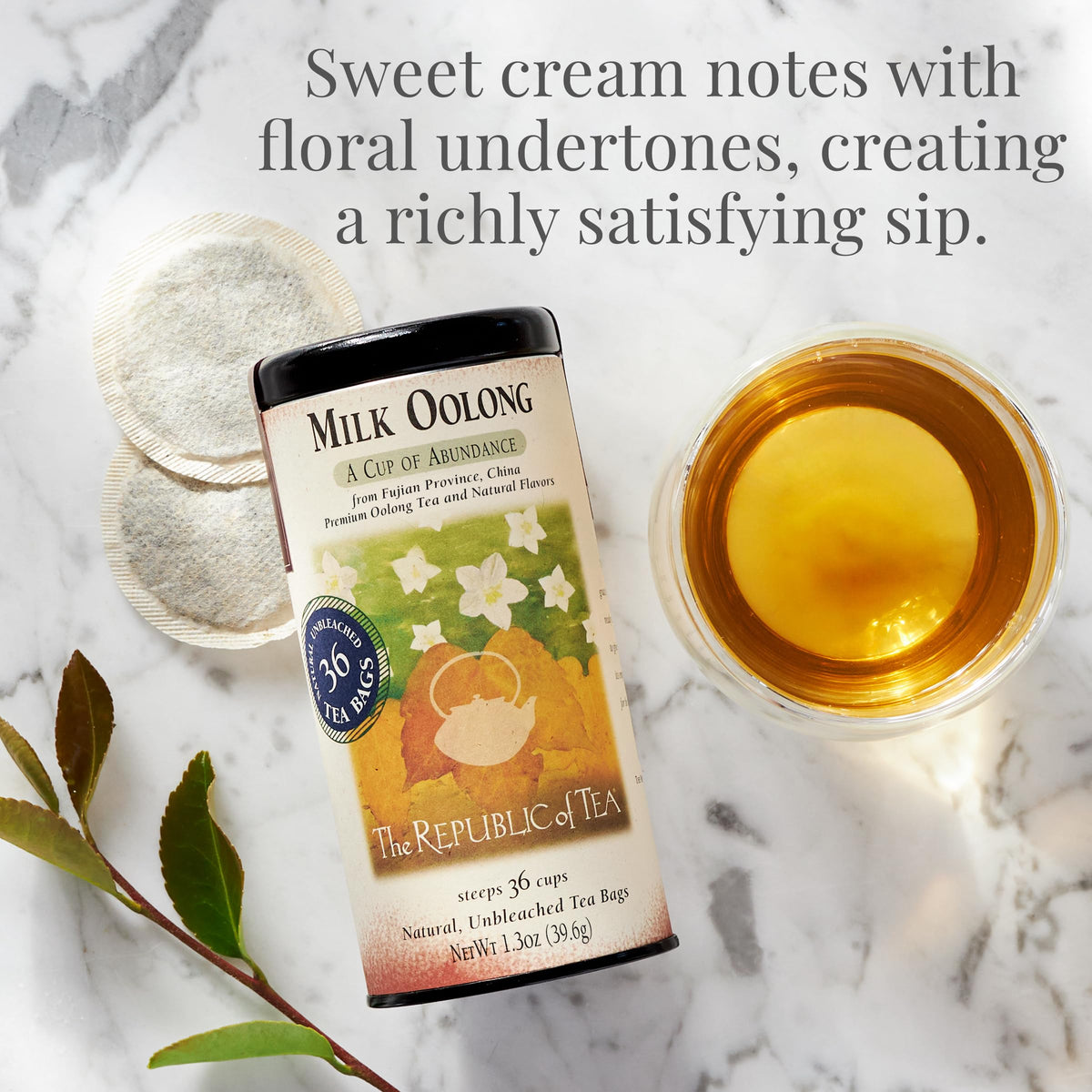 Milk Oolong tea bags in a cup showcase smooth, aromatic brew from this blend.