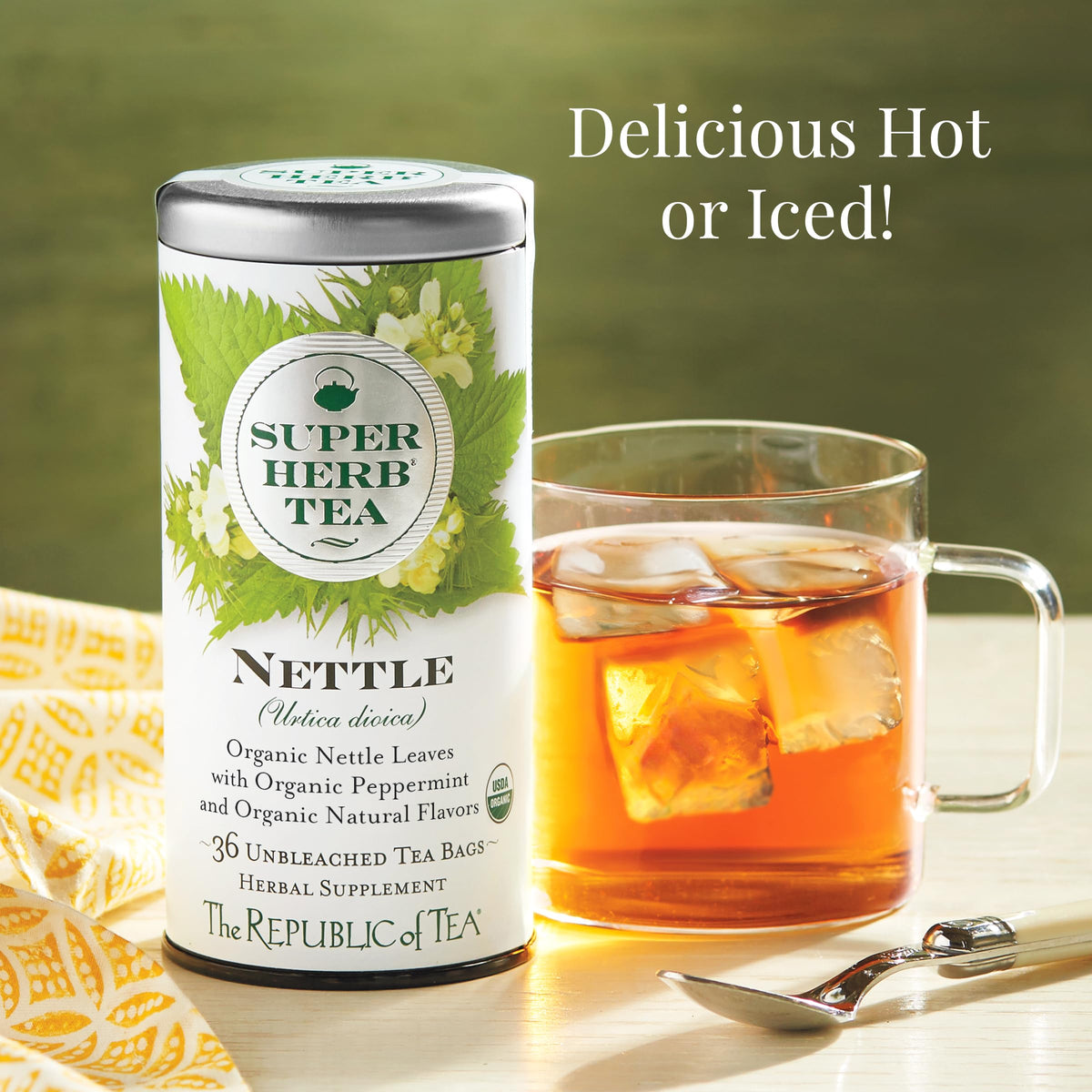The Republic of Tea peppermint leaf aroma closeup suggesting refreshing mint lift.