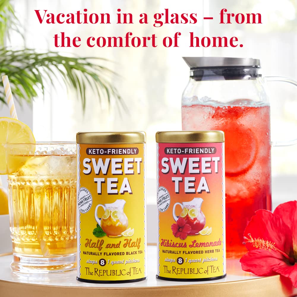 The Republic of Tea monk fruit sweetness displayed with organic hibiscus, suggesting sugar-free flavor