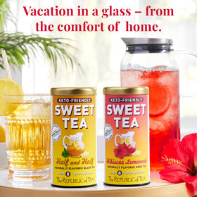 The Republic of Tea monk fruit sweetness displayed with organic hibiscus, suggesting sugar-free flavor