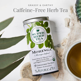 The Republic of Tea moringa leaves and green rooibos blend on display for daily wellness