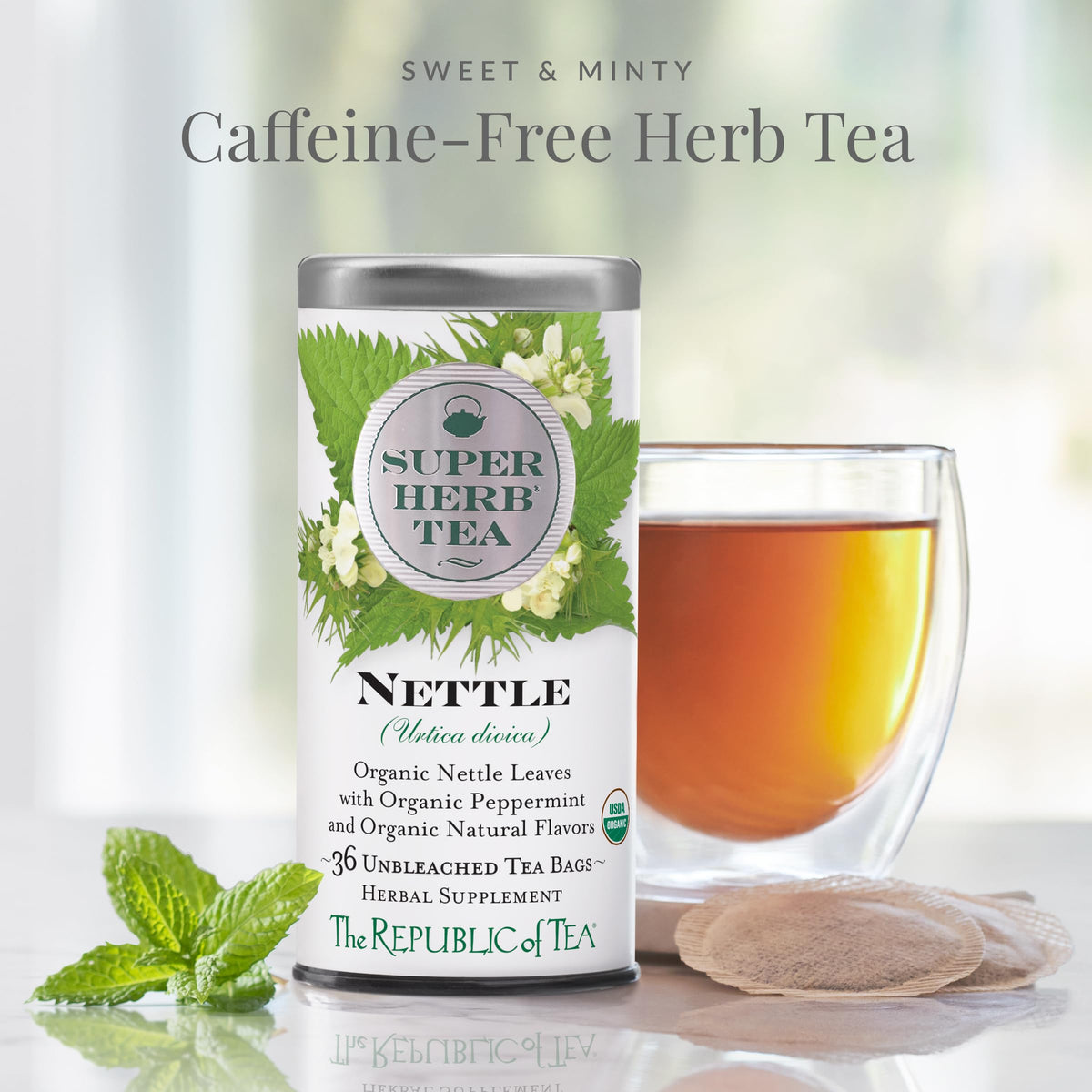 The Republic of Tea nettle leaf closeup emphasizing earthy herbal quality.