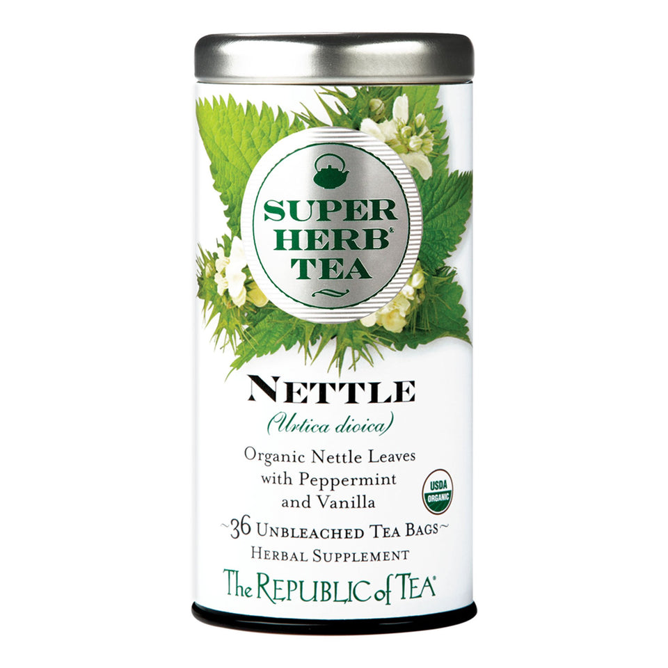 The Republic of Tea nettle tea tin front for caffeine-free daily ritual.