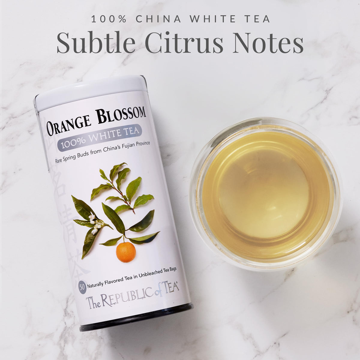 The Republic of Tea Orange Blossom White Tea aroma enhances the delicate white tea base.