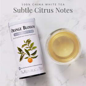 The Republic of Tea Orange Blossom White Tea aroma enhances the delicate white tea base.