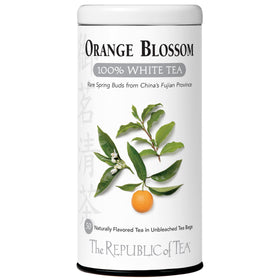 The Republic of Tea Orange Blossom White Tea bags deliver a fragrant, citrus-forward aroma with low caffeine.