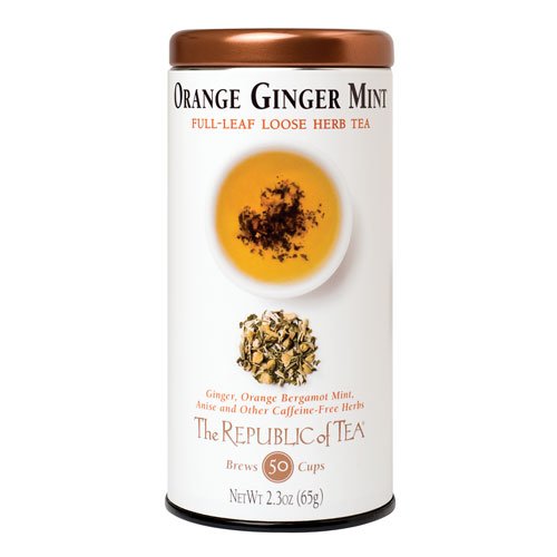The Republic of Tea loose-leaf blend close-up with citrus-mint aroma for after-meal refreshment.
