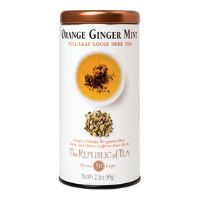 The Republic of Tea loose-leaf blend close-up with citrus-mint aroma for after-meal refreshment.