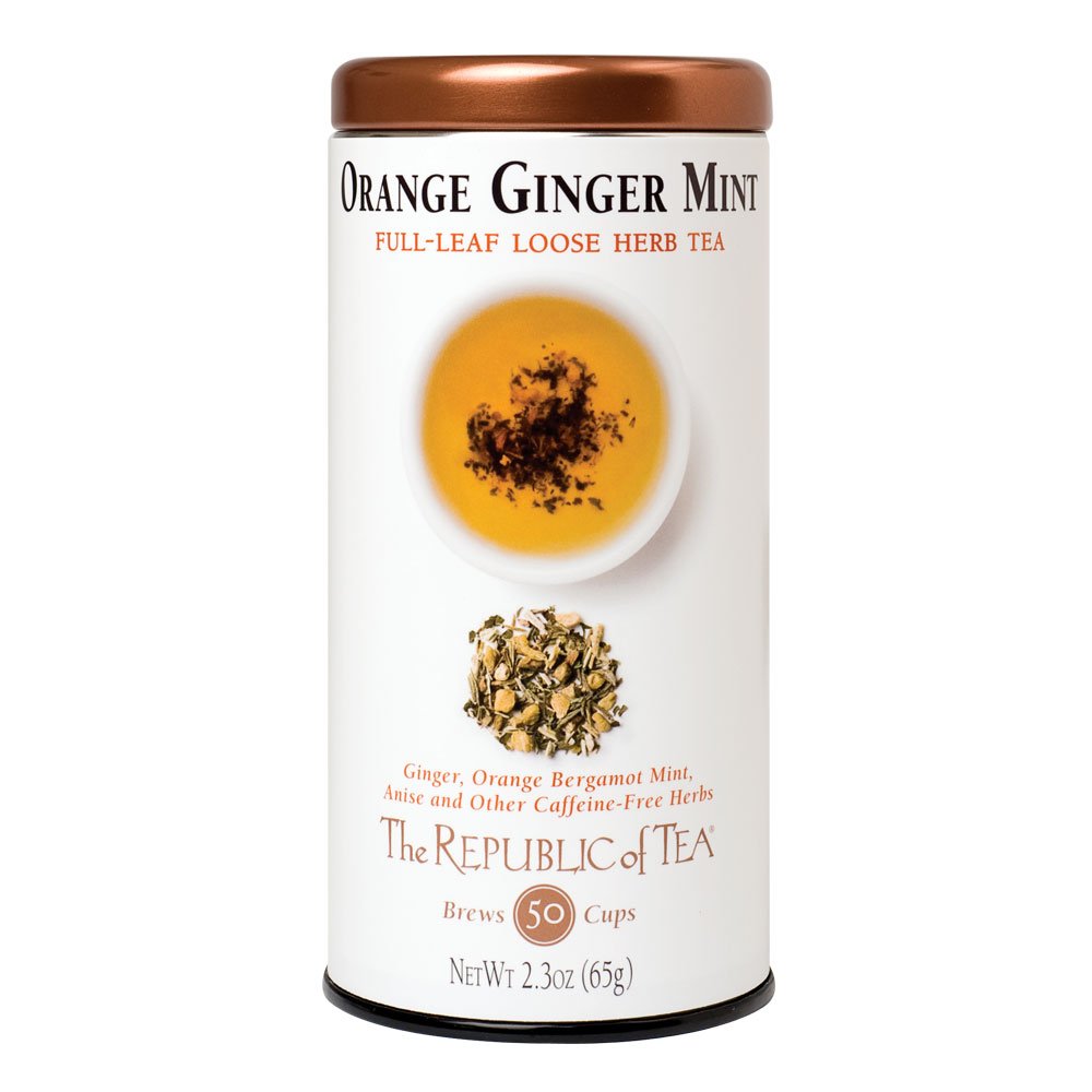 The Republic of Tea orange-ginger-mint tea cup with soothing after-meal comfort.