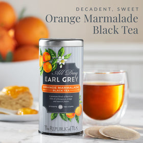 The Republic of Tea orange marmalade tea steeping cup evokes citrusy bergamot bliss.