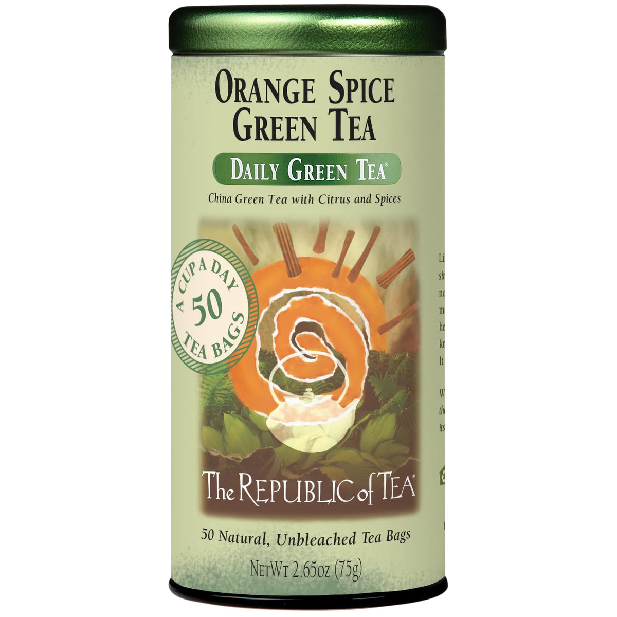 The Republic of Tea Orange Spice Green Tea tin showing warm spice and citrus aroma