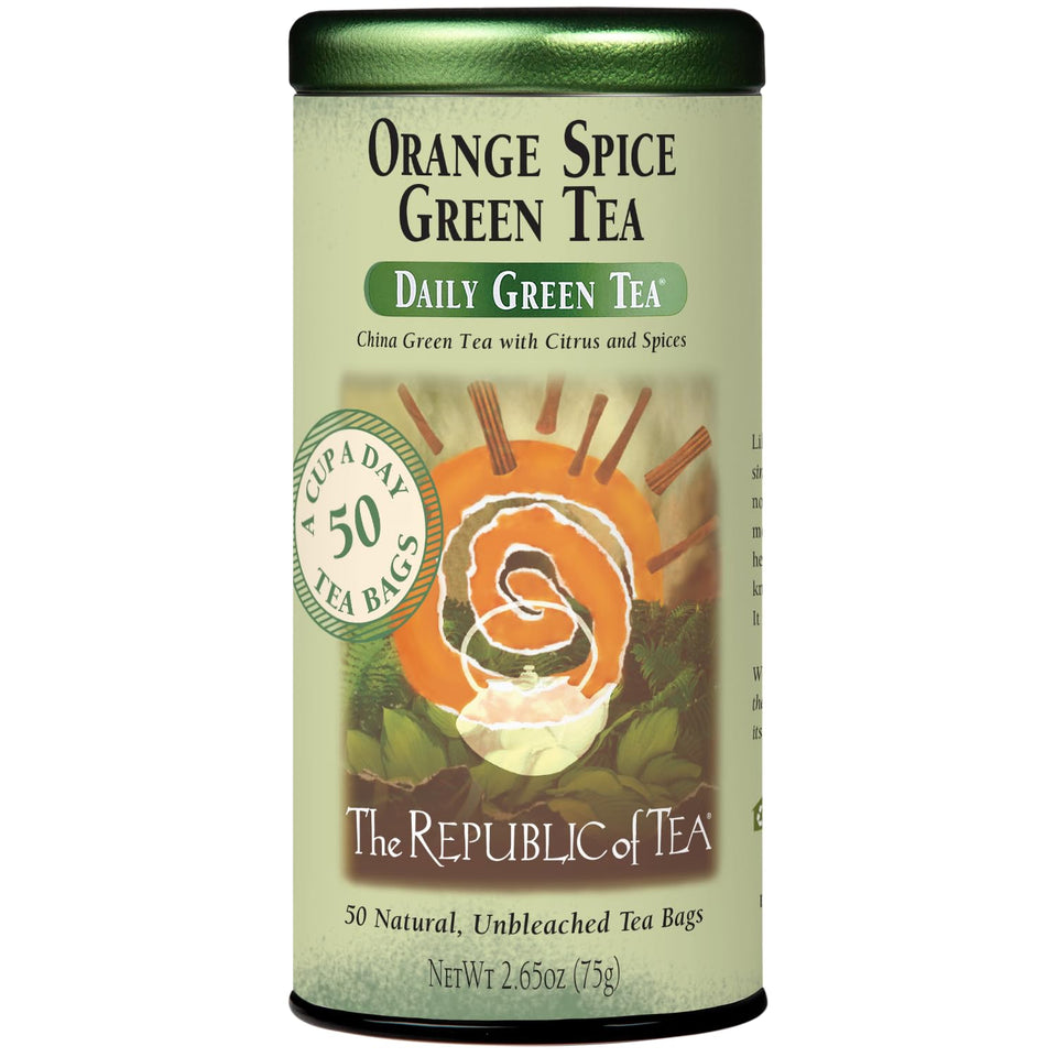 The Republic of Tea Orange Spice Green Tea tin showing warm spice and citrus aroma