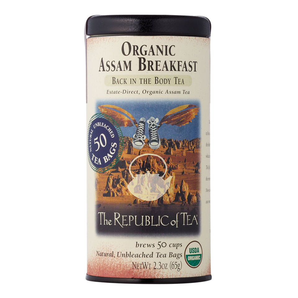 The Republic of Tea Organic Assam Breakfast tea tin with 50 bags, ideal for morning ritual.