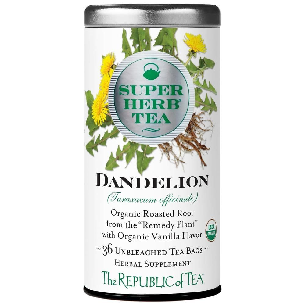 The Republic of Tea Organic Dandelion SuperHerb Tea Tin offers a caffeine-free daily ritual.