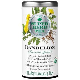 The Republic of Tea Organic Dandelion SuperHerb Tea Tin offers a caffeine-free daily ritual.