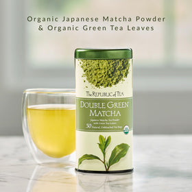 The Republic of Tea Organic Double Green Matcha packaging closeup shows unbleached bags.
