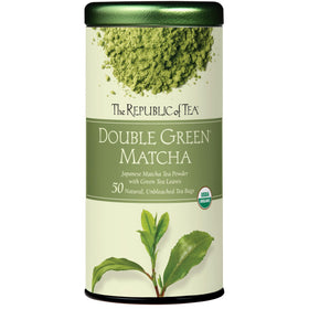The Republic of Tea Organic Double Green Matcha bags in tin canister for fresh storage.