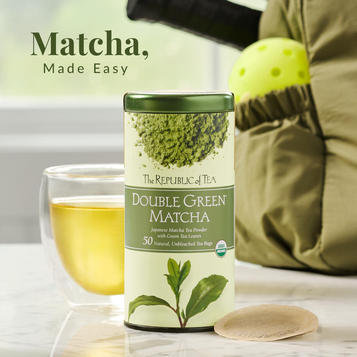 The Republic of Tea Organic Double Green Matcha ready kitchen scene for morning focus.