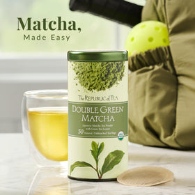 The Republic of Tea Organic Double Green Matcha ready kitchen scene for morning focus.