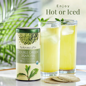 The Republic of Tea Organic Double Green Matcha powder and green tea leaves blend closeup.