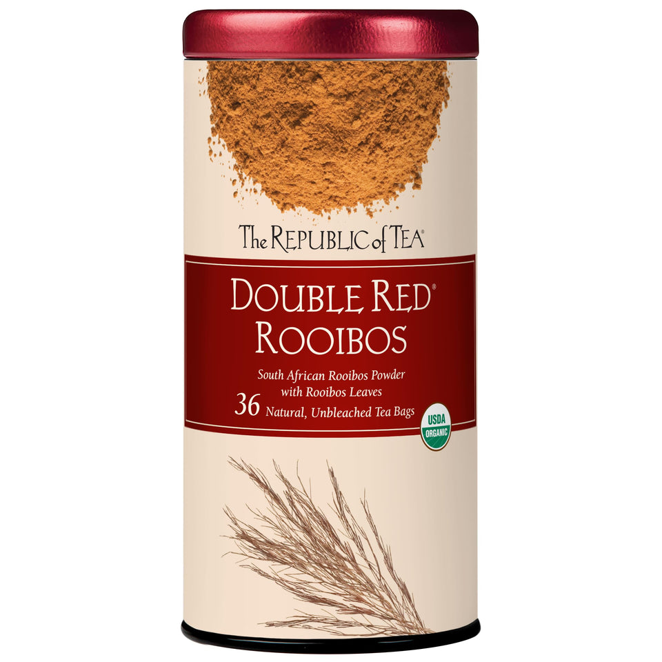 The Republic of Tea organic double red rooibos tea bags steeping for caffeine-free flavor.