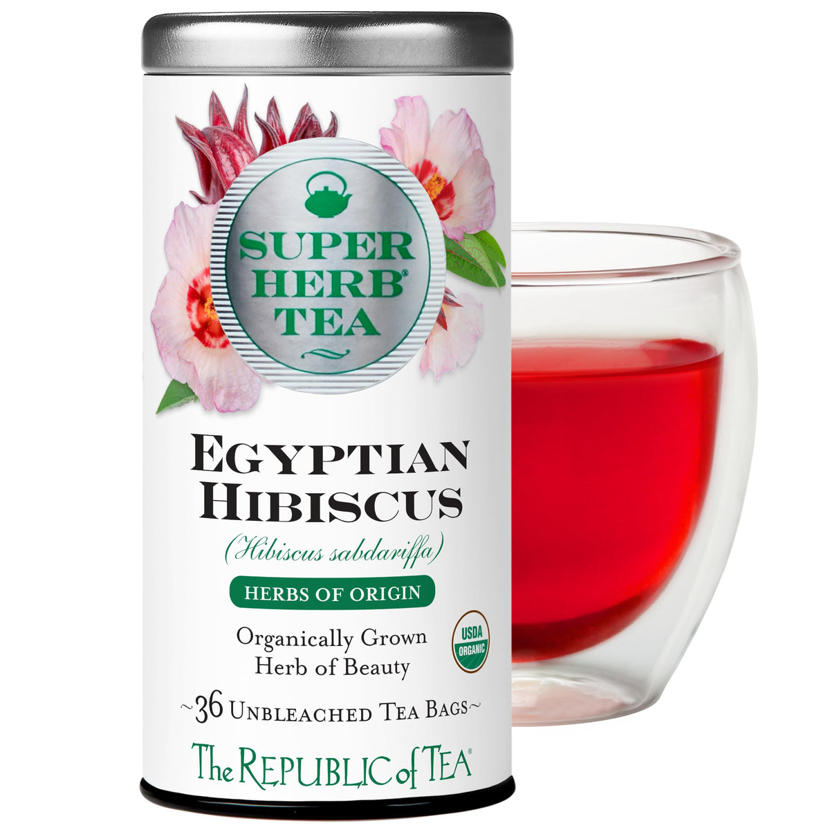 The Republic of Tea Organic Egyptian Hibiscus tea tin showing caffeine-free option for any time of day