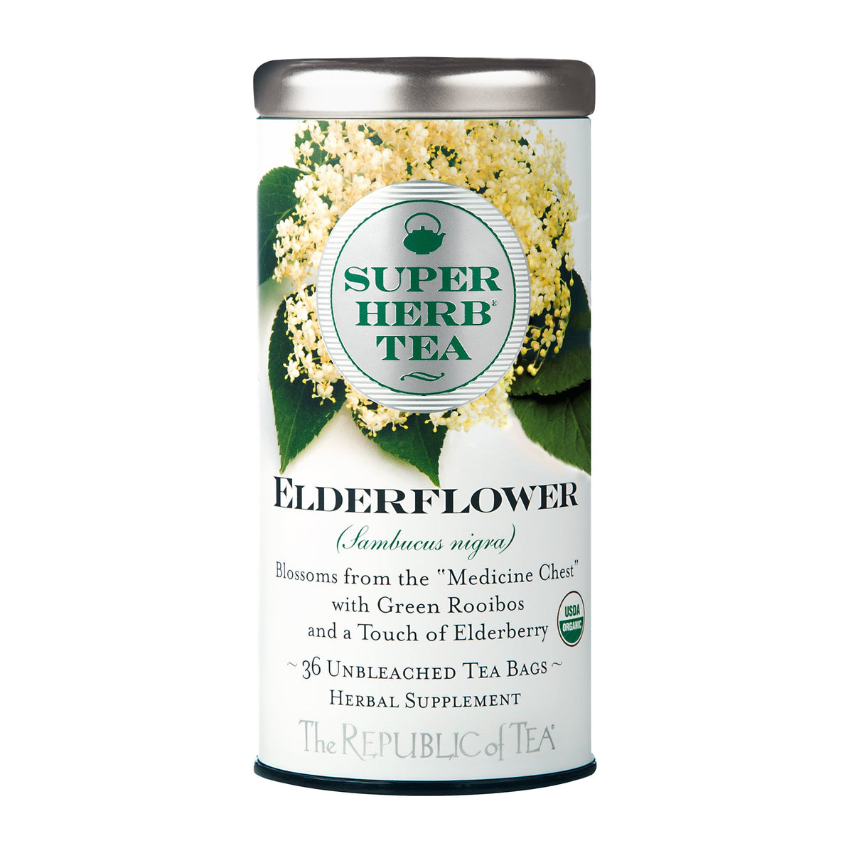 The Republic of Tea Organic Elderflower SuperHerb Tea Tin packaging shows premium organic quality and convenient packaging.