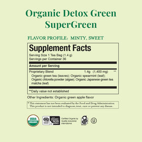 Close-up of organic matcha, chlorella, and mint in the blend.